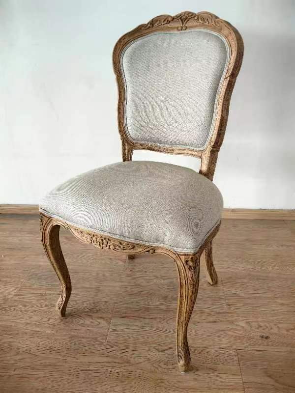 French Provincial Oak Back Dining Chair Beige Linen