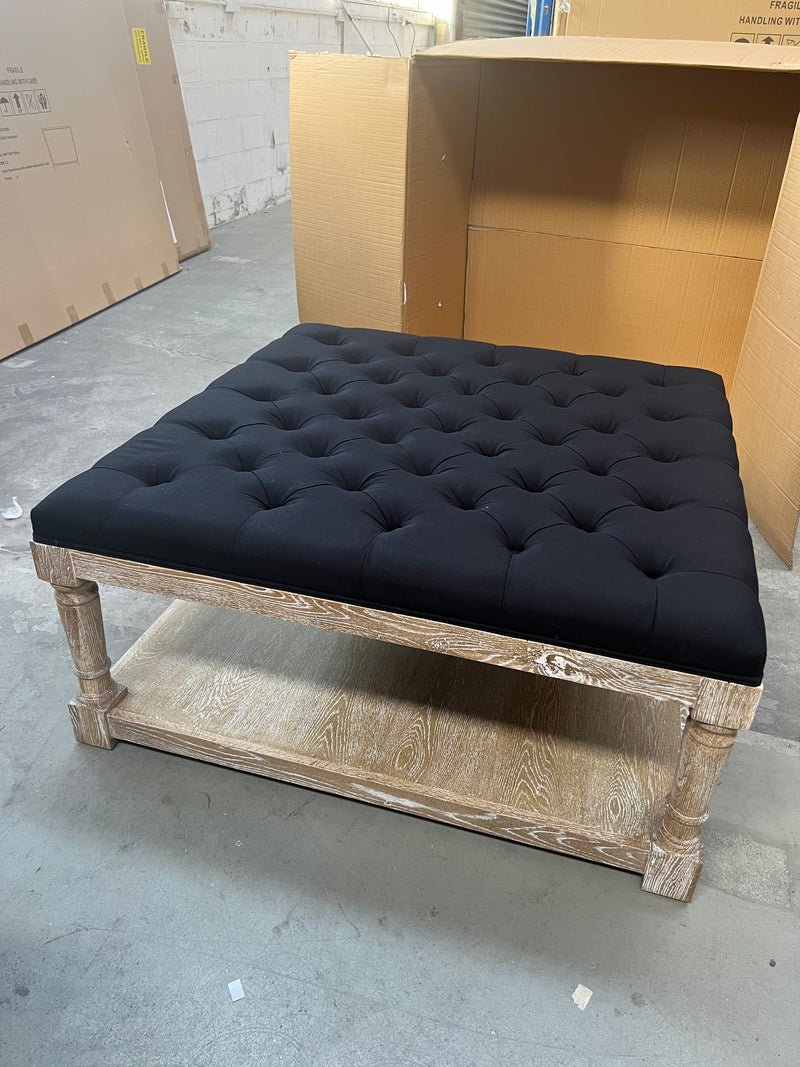 Square Tufted Linen Black Oak Coffee Table Ottoman