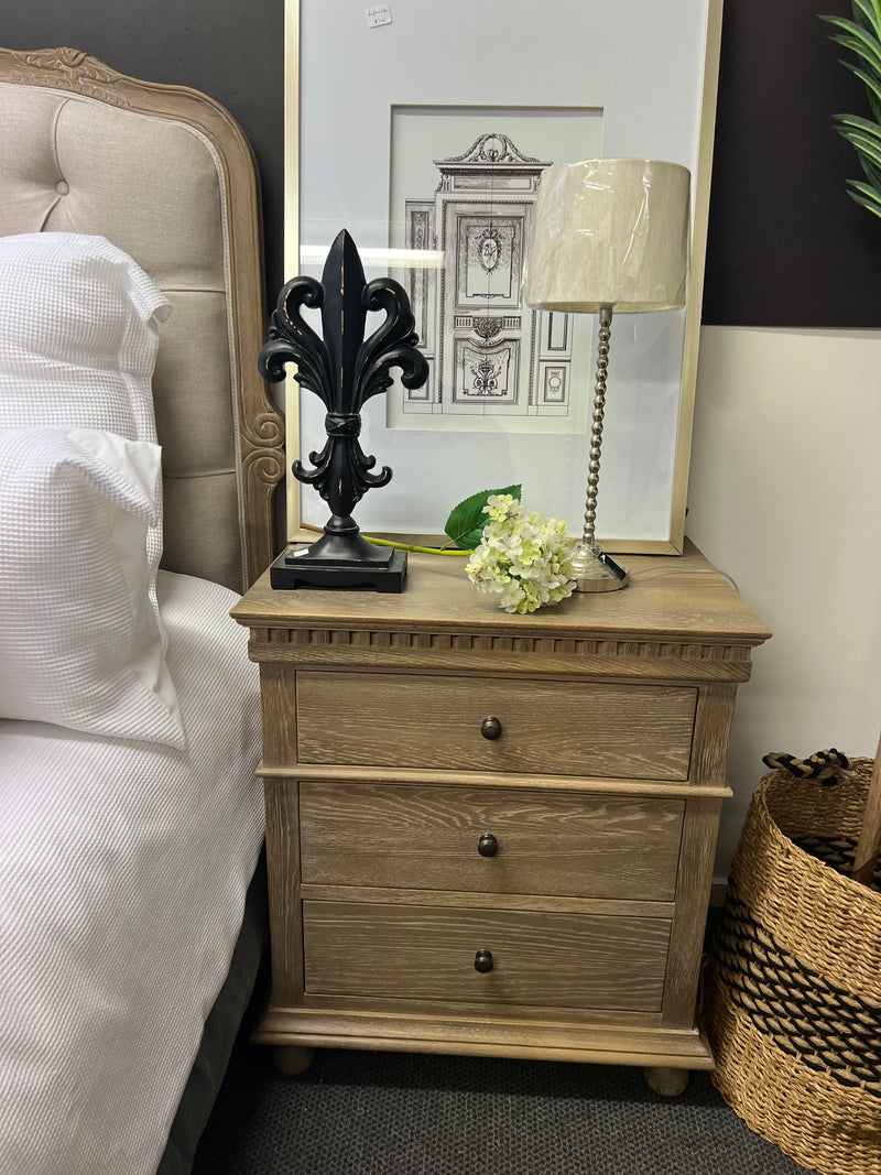 Maison French Country-- 3 drawer bed side table-Burnt OAK