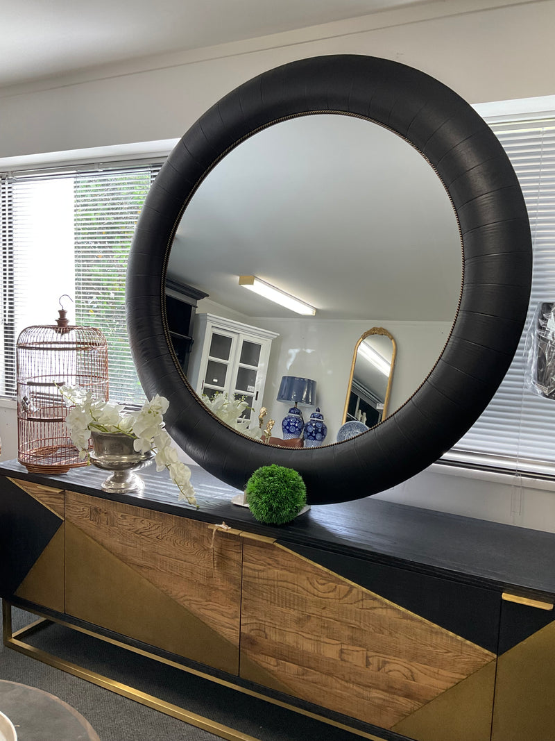 BLACK &GOLD OAK VENEER ROUND WALL MIRROR 1.52M