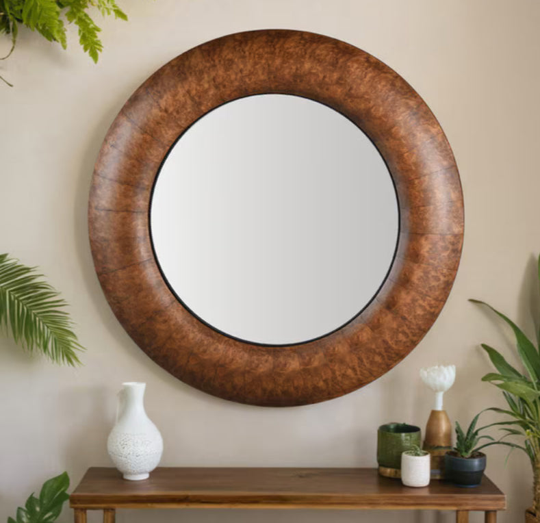Walnut &GOLD ROUND WALL MIRROR 1.1M