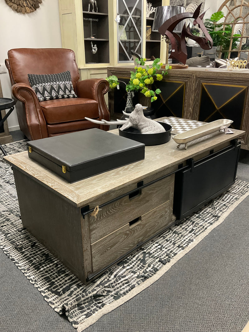 OAK/ Metal Double slide Door Coffee Table