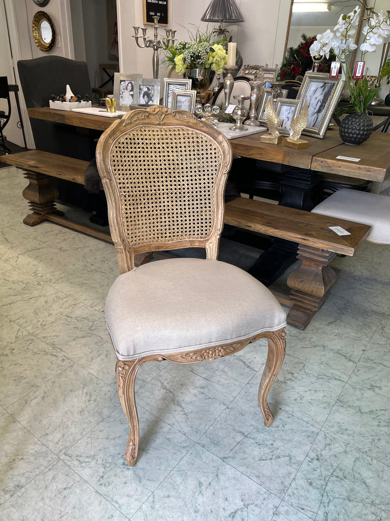 French Provincial Oak Rattan Back Dining Chair Beige Linen