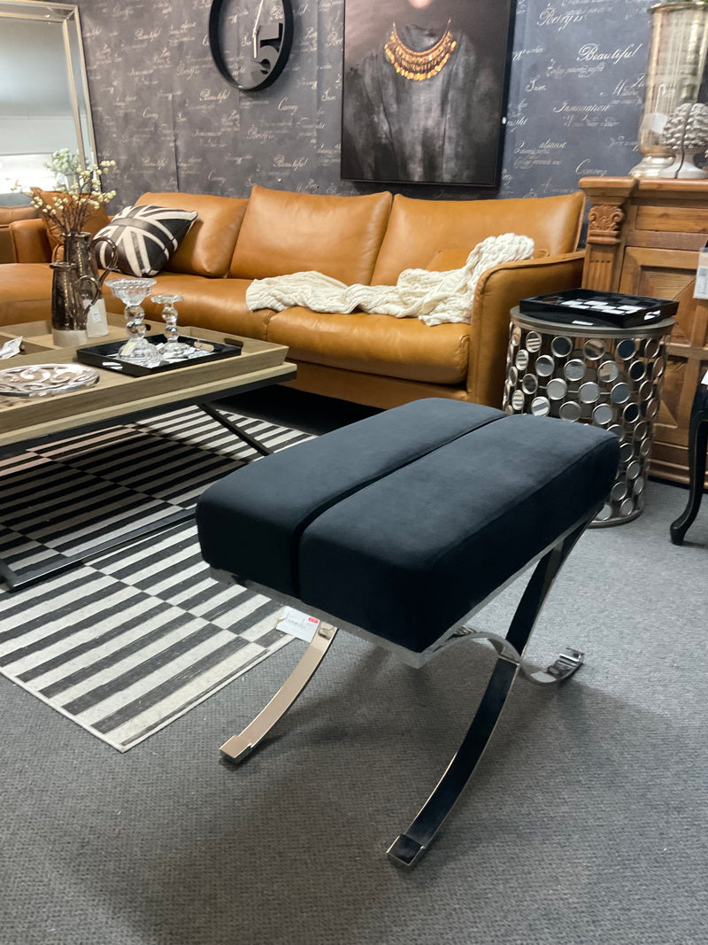 Ottoman / Stool with Stainless Steel  Cross Base Black Velvet