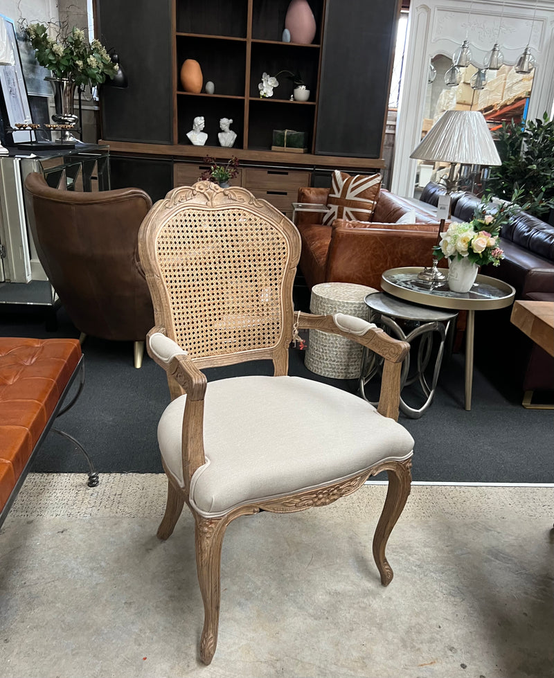 French Provincial Oak Rattan Back Dining Arm Chair