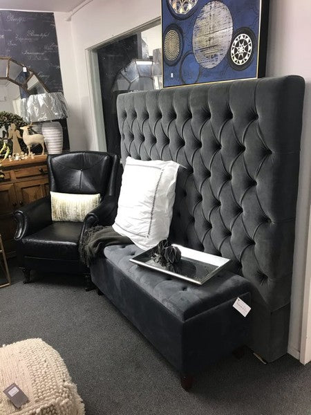 King/ Buttoned 1500mm High New Handprint-free charcoal velvet Headboard