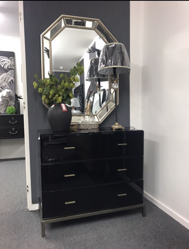 Mercury Black Glass and Antique Brass 3 Drawer Chest
