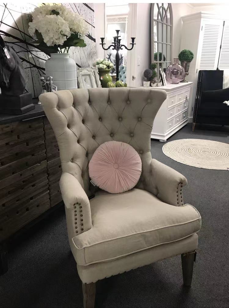 Tufted Washed Hemp Wing Back Arm Chair/ Beige Linen