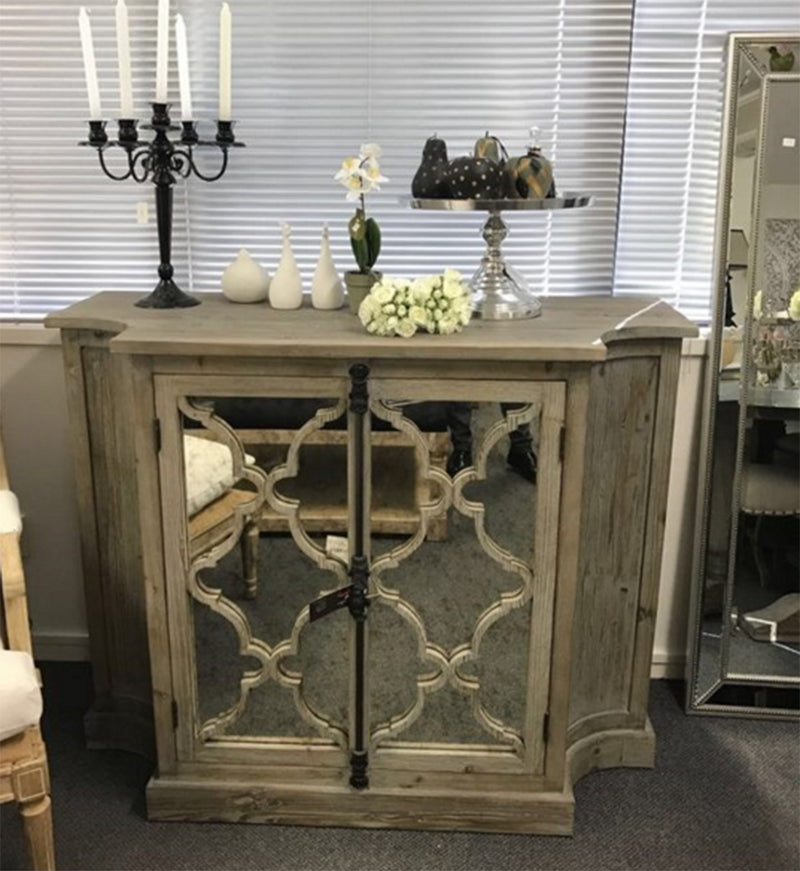 Distressed 1.3M Cabinet with Antique Mirror Panelled Door / Mud Grey