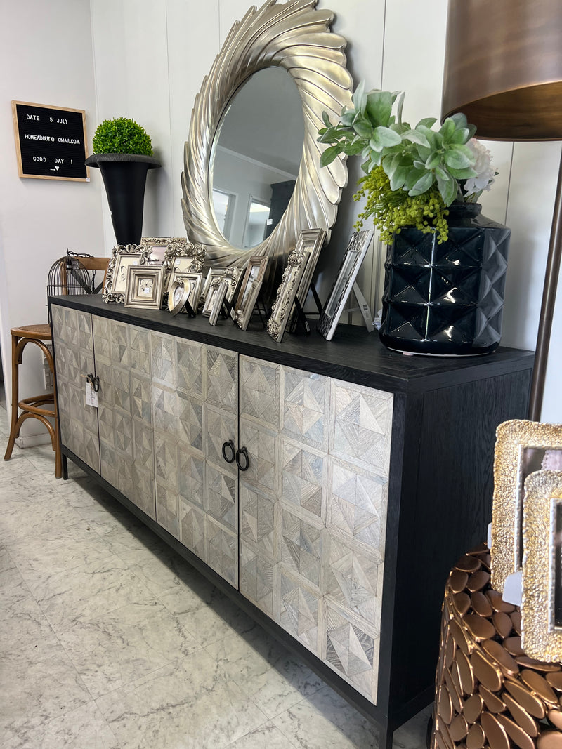 Promotion Sale : Cassie Oak /Iron Geometric Patterned 4 Door Sideboard