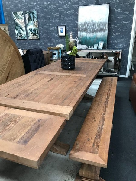 2.4-3.3m Reclaimed Wood Trestle Dining Table/ Black Base