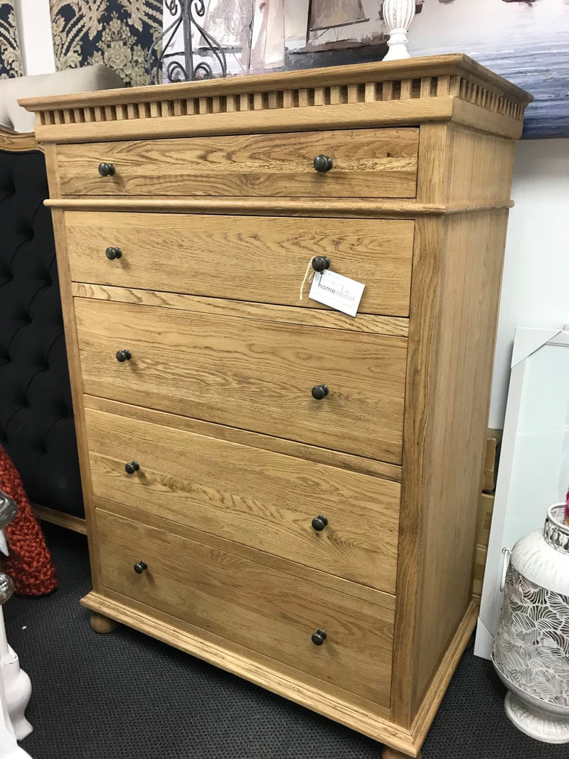 Maison French country Oak 5 Drawers Tall Boy Natural Matt