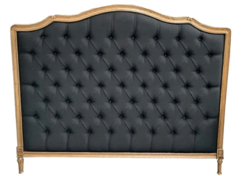 Queen/ French Villa Black Linen Buttoned Headboard / Oak Frame