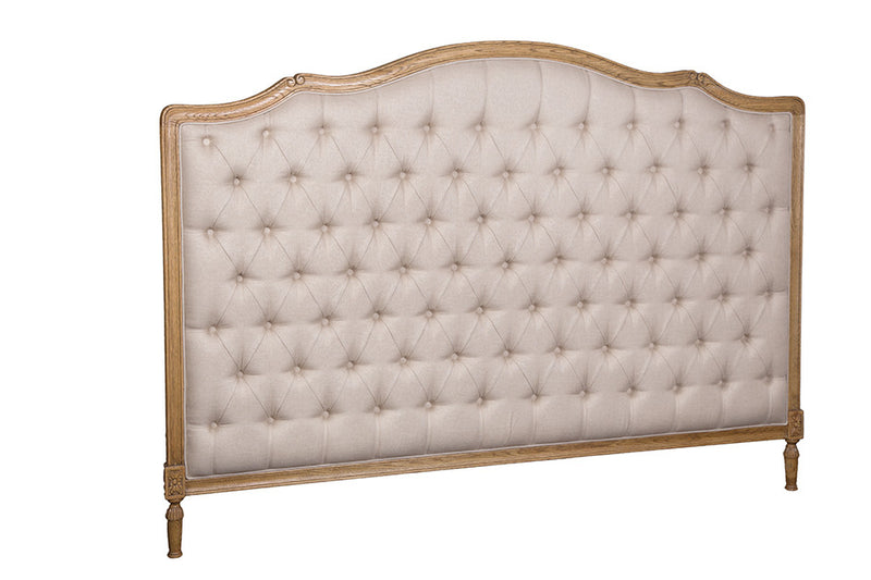 Queen/ French Villa Beige Linen Buttoned Headboard Oak frame
