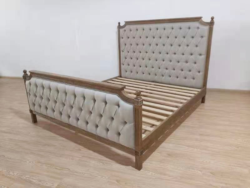 French Country Oak Frame Upholstered Button King Size Bed