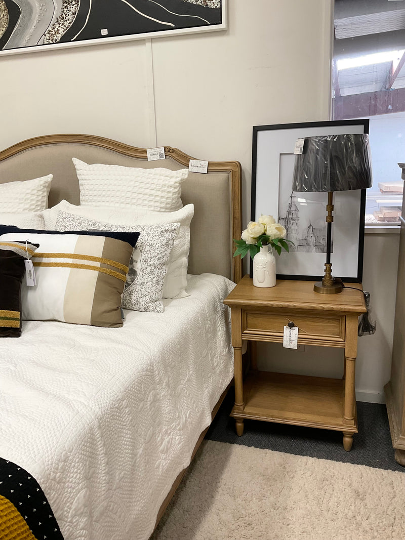 Jorma French Country Oak Frame Upholstered SuperKing Size Bed