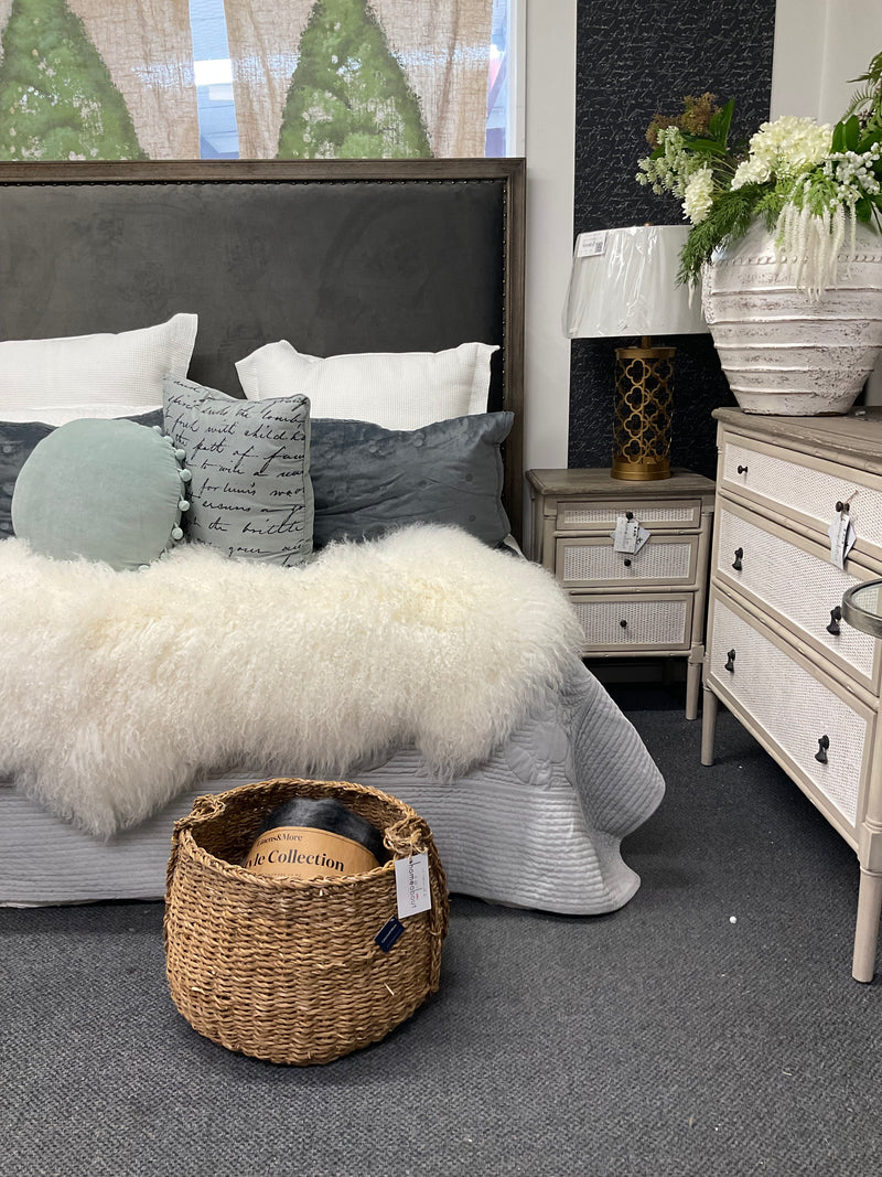 King/French Country OAK  Headboard 150cm H /Charcoal Velvet