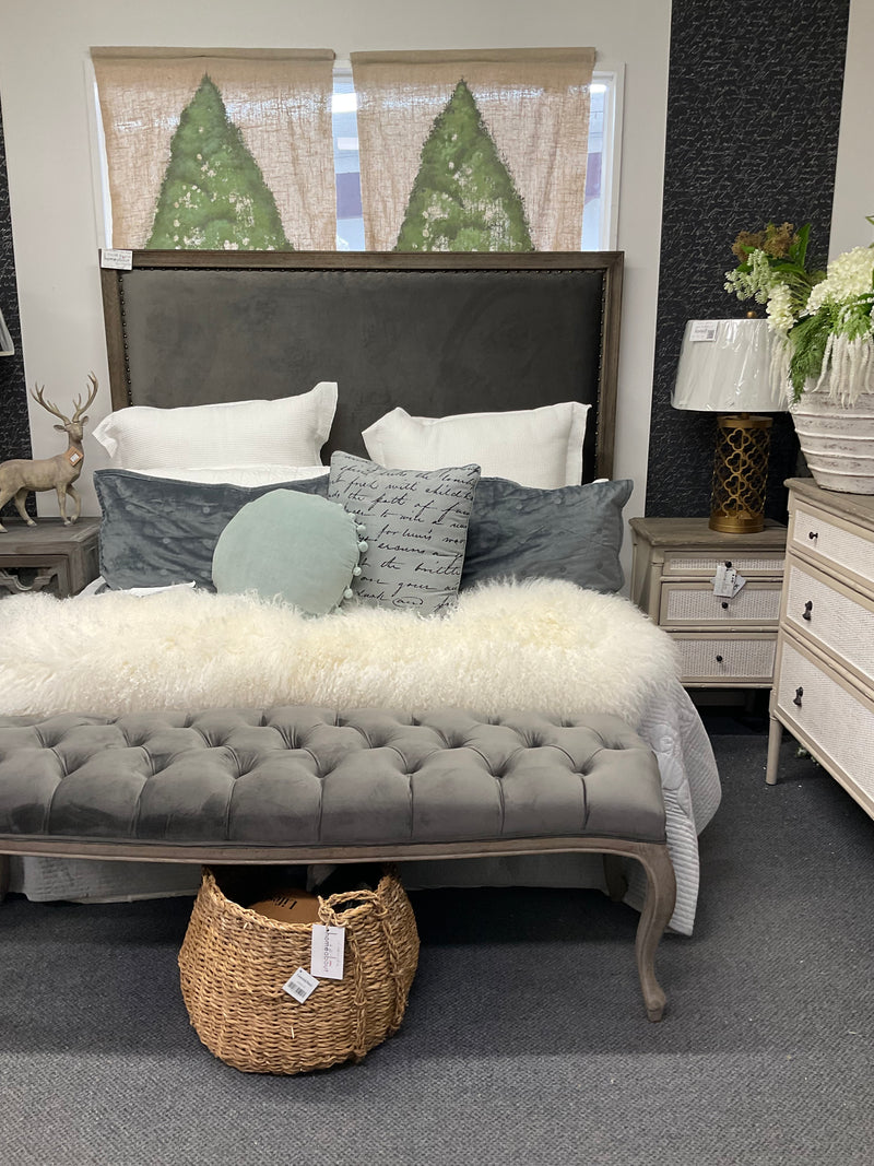 French Country OAK Bench / Charcoal Velvet