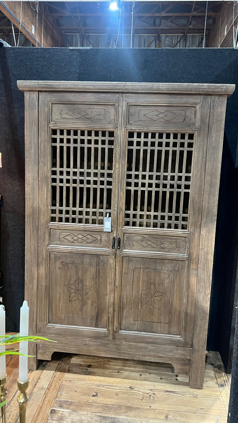 HARVEST CARVED 2 DOOR SHOWCASE CABINET - RECLAIMED ELM
