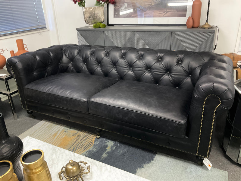 Top Grain Leather Chesterfield 3 Seater Sofa- Black