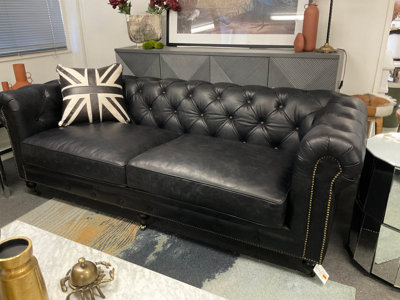 Top Grain Leather Chesterfield 3 Seater Sofa- Black
