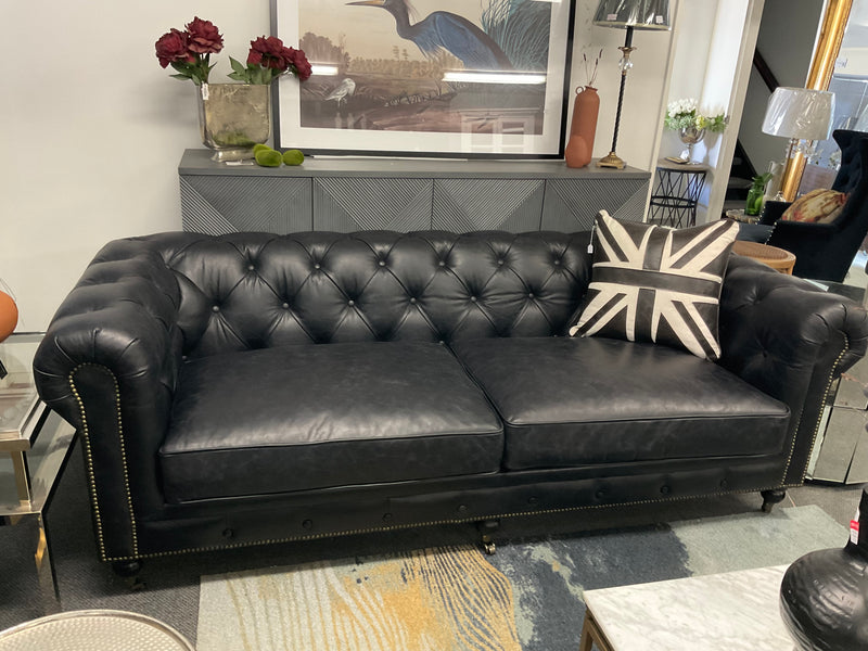 Top Grain Leather Chesterfield 3 Seater Sofa- Black