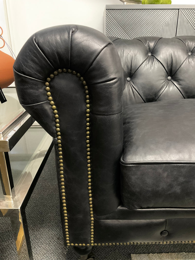 Top Grain Leather Chesterfield 3 Seater Sofa- Black
