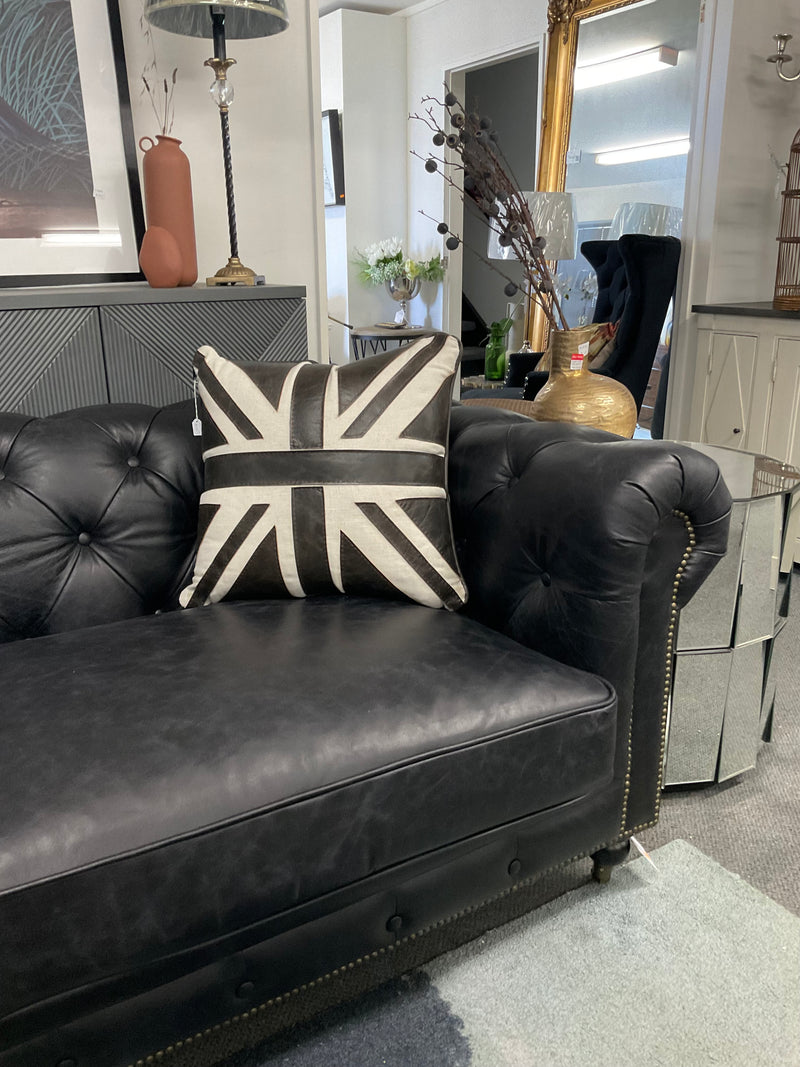 Top Grain Leather Chesterfield 3 Seater Sofa- Black