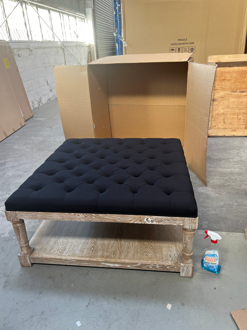 Square Tufted Linen Black Oak Coffee Table Ottoman