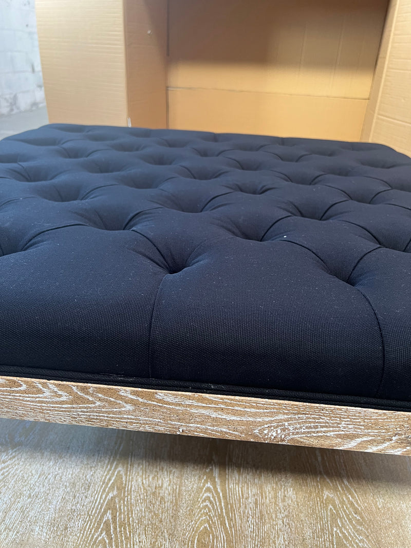 Square Tufted Linen Black Oak Coffee Table Ottoman