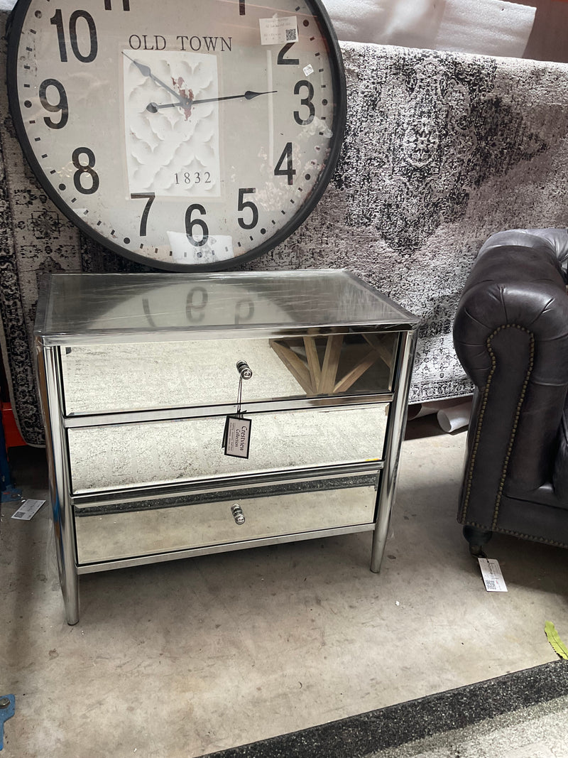 Hollywood Nickel Large Mirrored 3 Drawers Bedside