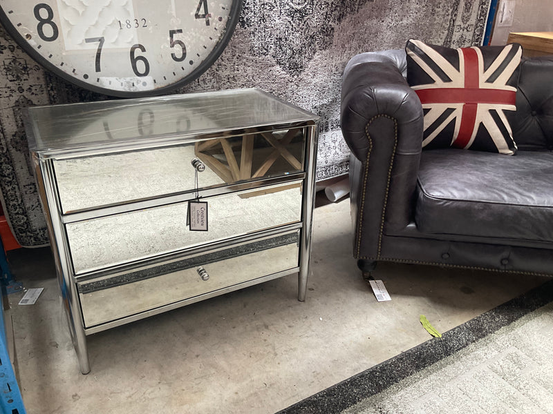 Hollywood Nickel Large Mirrored 3 Drawers Bedside