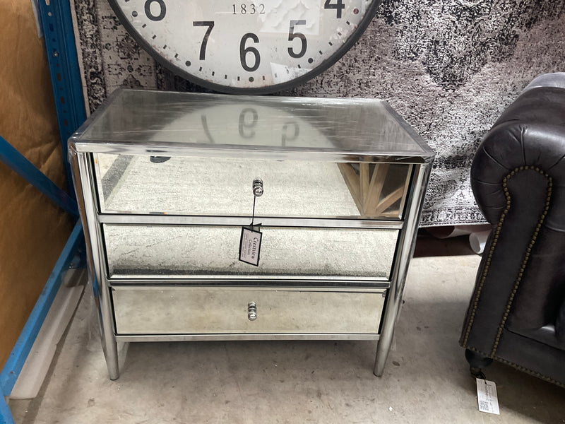 Hollywood Nickel Large Mirrored 3 Drawers Bedside