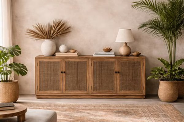 SANTORINI ELM SIDBOARD W/4 RATTAN DOORS