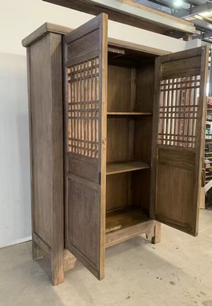 HARVEST CARVED 2 DOOR SHOWCASE CABINET - RECLAIMED ELM