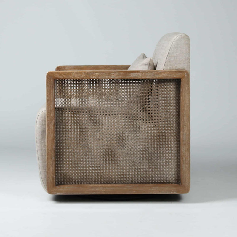 Archer Swivel Armchair Linen Look + Rattan + Light Oak