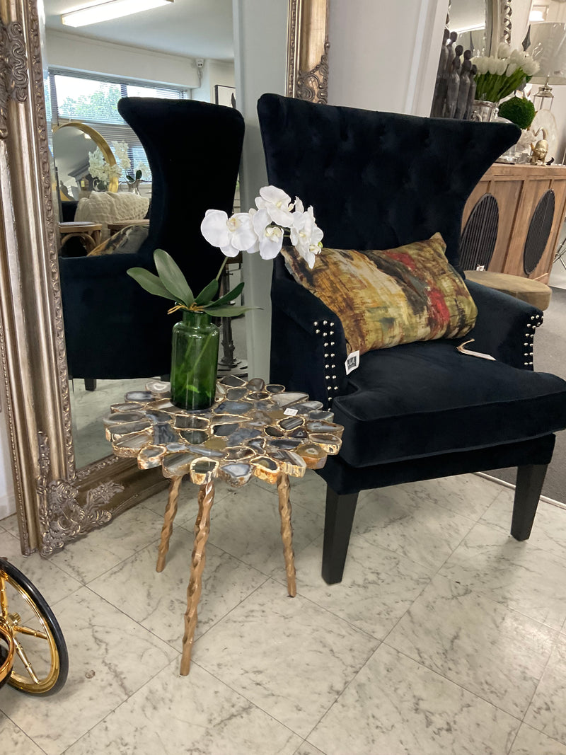 Black Agate side table with Brass Inlay /Tri Legs