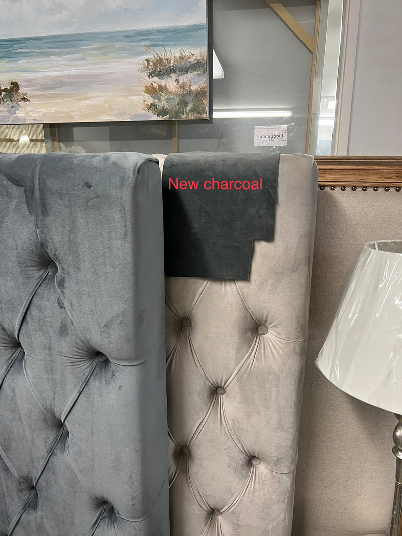 King/ Buttoned 1500mm High New Handprint-free charcoal velvet Headboard