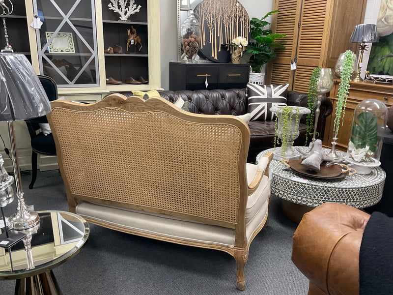 Louis French Oak 2 Seater Sofa With Double Layered Rattan Back