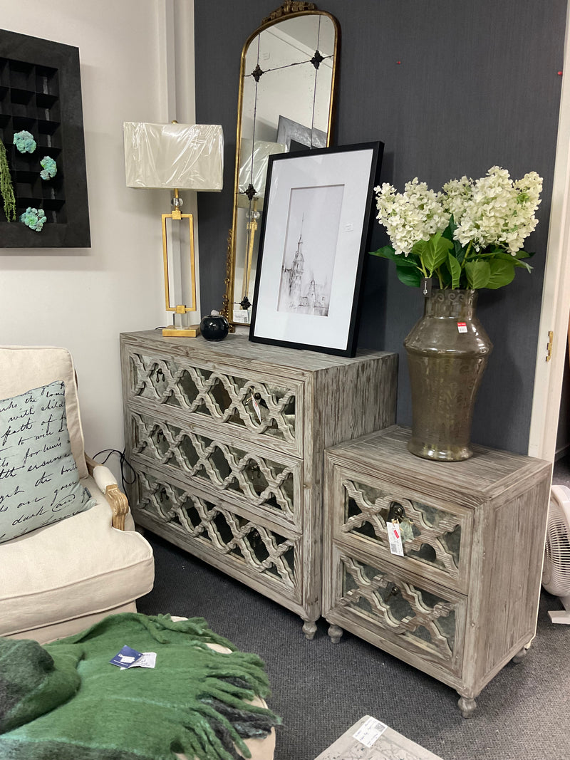 Package/ Mirrored French Country Distressed 3 Drawer Dresser +2 bed Sides