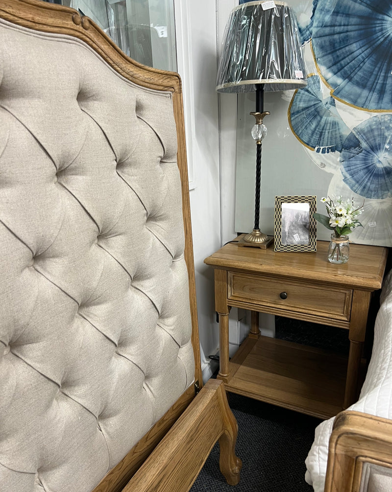 Superking/French Villa Beige Linen Button  Headboard/Oak frame