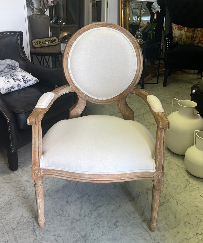 French Country Oval Aubergine Linen  Oak Dining ArmChair