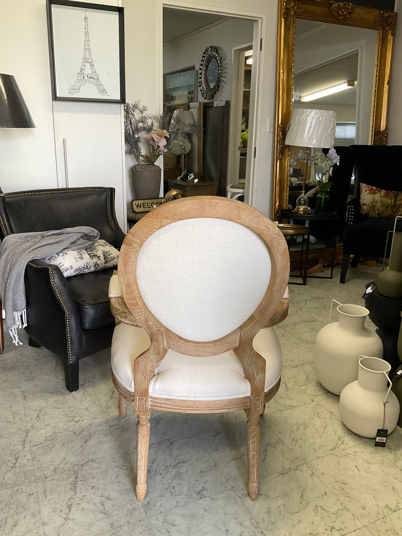 French Country Oval Aubergine Linen  Oak Dining ArmChair