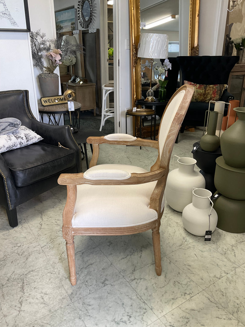 French Country Oval Aubergine Linen  Oak Dining ArmChair