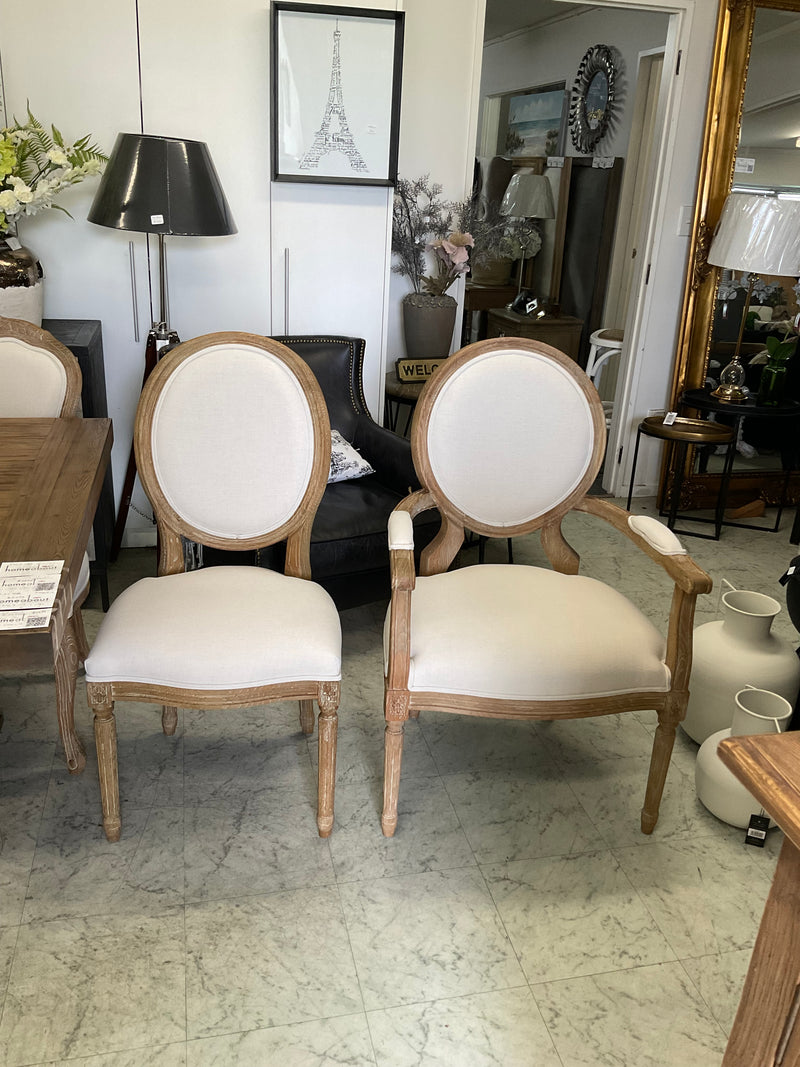 French Country Oval Aubergine Linen  Oak Dining ArmChair