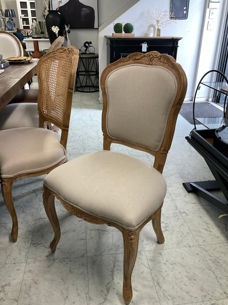 French Provincial Oak Back Dining Chair Beige Linen