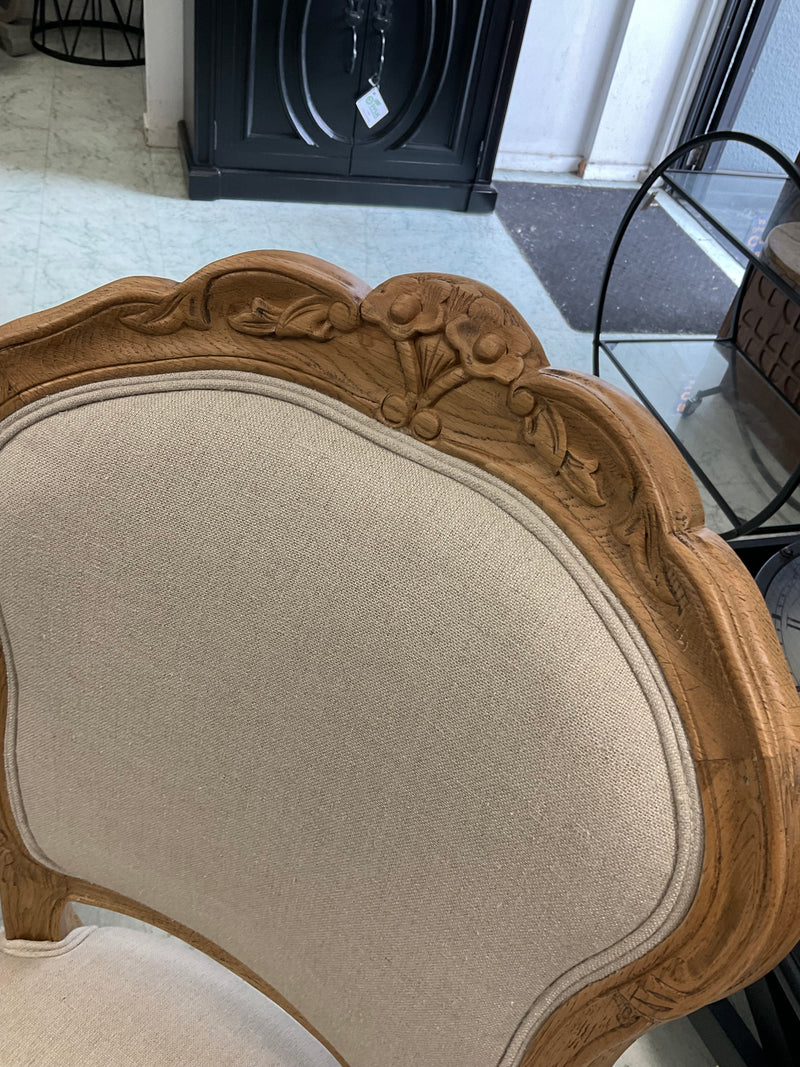 French Provincial Oak Back Dining Chair Beige Linen