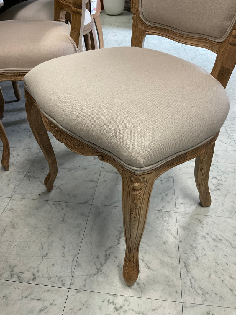 French Provincial Oak Back Dining Chair Beige Linen