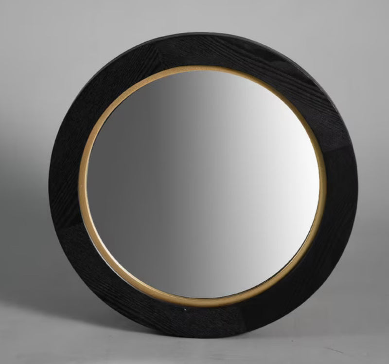 BLACK &GOLD OAK VENEER ROUND MIRROR -65Cm