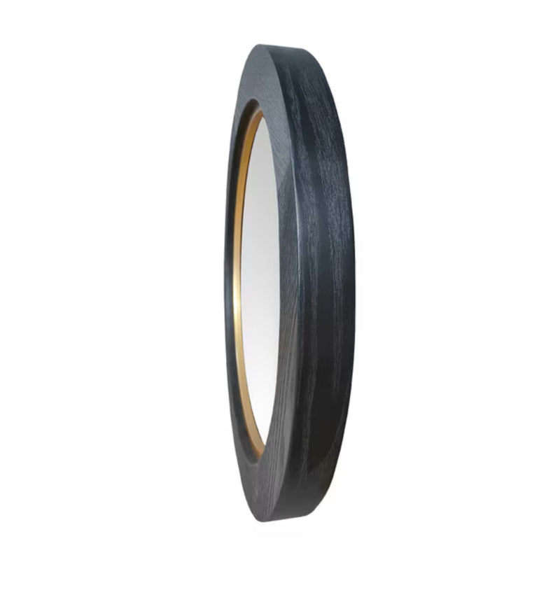 BLACK &GOLD OAK VENEER ROUND MIRROR -65Cm